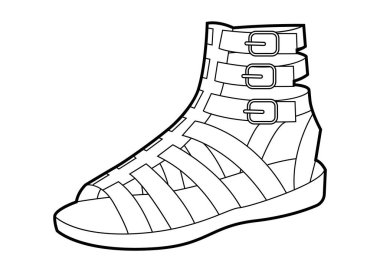 Gladyatör ayakkabılı kadın tek sıra. Festival tatili görüntüsü için kemer tokası yüksek gladyatör sandaleti. Teknik moda illüstrasyonu CAD modelleme temiz vektör adam unisex izole modern tarz.