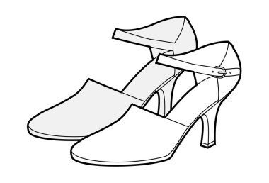 Kapalı ayak parmaklı sandalet giyen kadınlar tek sıra halinde dizilirler. İş için öndeki giysi ayakkabısı, tören şehri görünüşü. Teknik moda illüstrasyonu, CAD modelleme, temiz vektör erkekler uniseks izole zarif stil