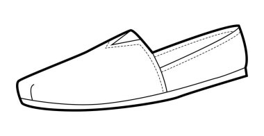 Espadrille düz ayakkabılı kadınlar tek sıra. Plaj gezisi rahat hafta sonu görüntüsü için minimumda kayma. Teknik moda illüstrasyonu CAD modelleme temiz vektör adam unisex izole modern tarz.