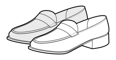 Tassel mokasen ayakkabılı kadın eskiz çifti. Şehir ofisinin şık kıyafetleri için gündelik vampir ayakkabısı yetiştirdim. Teknik moda illüstrasyonu CAD modelleme detaylı vektör adam unisex izole klasik biçim.