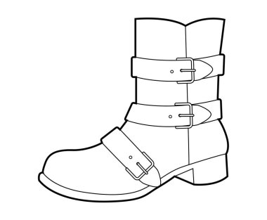 Koşumlu kadın ayakkabıları tek çizgi halinde. Sokak giyimi tasarımları ve konser geceleri için üçlü kemer tokası. Teknik moda illüstrasyonu CAD modelleme temiz vektör adam unisex izole modern tarz.