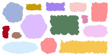 Dalgalı organik leke seti. Renkli sıvı adalar ve arka plan dolguları için yumuşak bulutlar, çıkartma grafikleri ve soyut kompozisyonlar. Düzensiz yama vektör çizimi.