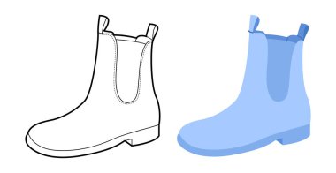 Mavi Chelsea çizme kadın rengi artı çizgi seti. Ayakkabı rehberi sayfası ve projesi için klasik çizme çekme. Teknik moda illüstrasyonu CAD modelleme karışık vektör erkek uniseks izole edilmiş stil.