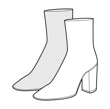 Bold block heel boot women sketch pair. Statement heel with strong presence for winter, fashion trend. Technical fashion illustration CAD mockup detailed vector men unisex isolated elegant style