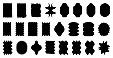 Siyah dalgalı dikdörtgen etiketler. Ürün aramaları, fiyat etiketleri ve vurgulama metinleri için el çizimi kutu etiketleri ve başlık şeritleri. Düzensiz dikdörtgen siluet vektör çizimi.