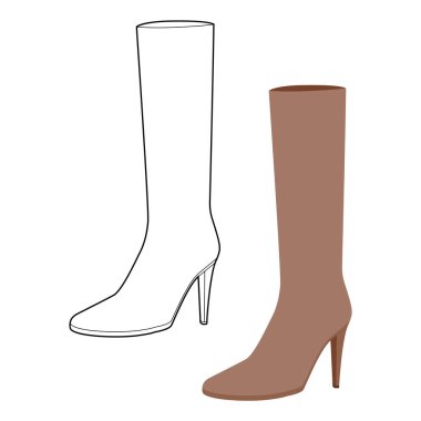 Kahverengi, klasik, diz boyu topuklu ayakkabılar. Düz, düz çizgi seti olan kadınlar. Kış için rafine topuklu pürüzsüz şaft, göz kamaştırıcı. Teknik moda illüstrasyonu CAD model vektör erkekler unisex izole şık stil.