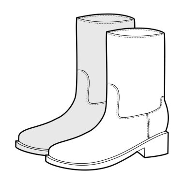 Ayak bileği çizen kadın çizim çifti. Günlük şehir kıyafetleri ve sonbahar kıyafetleri için düz topuk çizmesi. Teknik moda illüstrasyonu CAD model vektör adam unisex izole klasik stil.