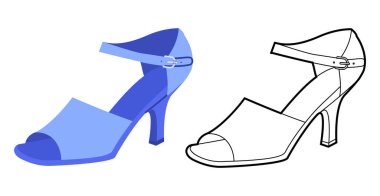 Bileklik kayışlı sandalet giyen kadınlar mavi topuklu ayakkabı ve çizgi seti. Parti için açık ayak parmaklı ayakkabılar, tatil köyü gardırobu. Teknik moda illüstrasyonu, CAD modellemesi, karışık vektör erkekler tek cinsiyetli şık tarz..