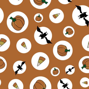 Cadılar bayramı balkabakları şekerleme mısır ve yarasalar beyaz daireler çiziyor.