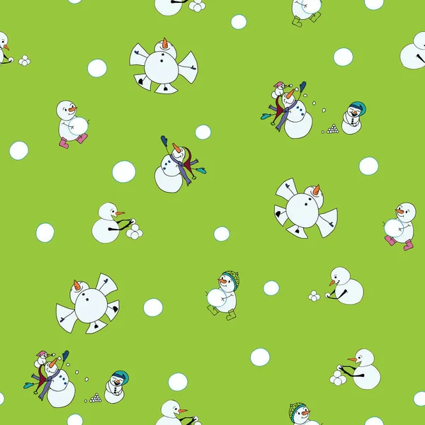 Снежный ком борьбы снеговиков на снежный день бесшовный векторный узор на зеленом фоне — стоковый вектор