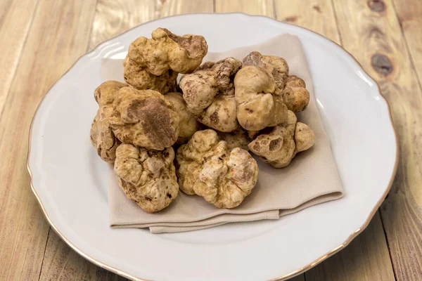 White truffles from Alba in white dish on wooden floor