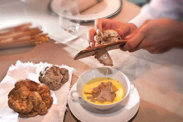 White Alba truffle sliced by the waiter\'s hands on fontina fondue in an elegant white ceramic cup with two handles on the saucer next to two large truffles