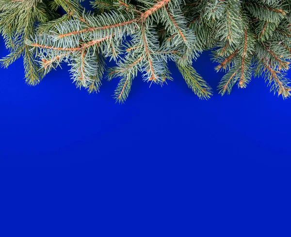 Blauer Weihnachtlicher Hintergrund Mit Hohem Rand Verziert Mit Tannenzweigen — Stockfoto