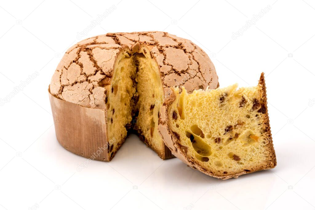 Panettone - Typical Christmas Milanese dessert with raisins and candied orange, dome-shaped cake with slice , isolated on white