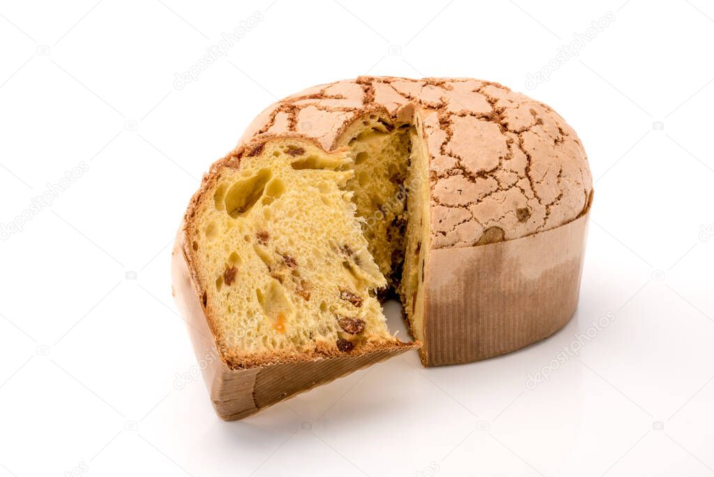 Panettone - Typical Christmas Milanese dessert with raisins and candied orange, dome-shaped cake with slice , isolated on white