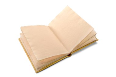 Sayfalarca pürüzlü kenarları olan antika bir defter aç. Beyaz arka planda izole edilmiş antika deri kaplı defter.