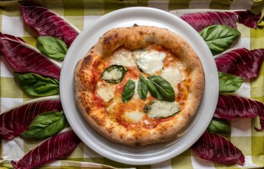 Domatesli margherita pizza, mozzarella ve fesleğen. Fesleğen yaprakları ve radicchio kırmızısının arkaplanındaki üst görünüm
