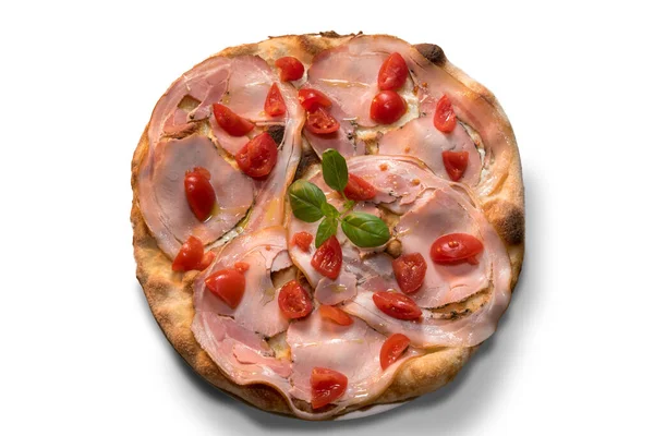 돼지고기 이탈리아의 Porchetta 토마토와 바질을 배경에 — 스톡 사진