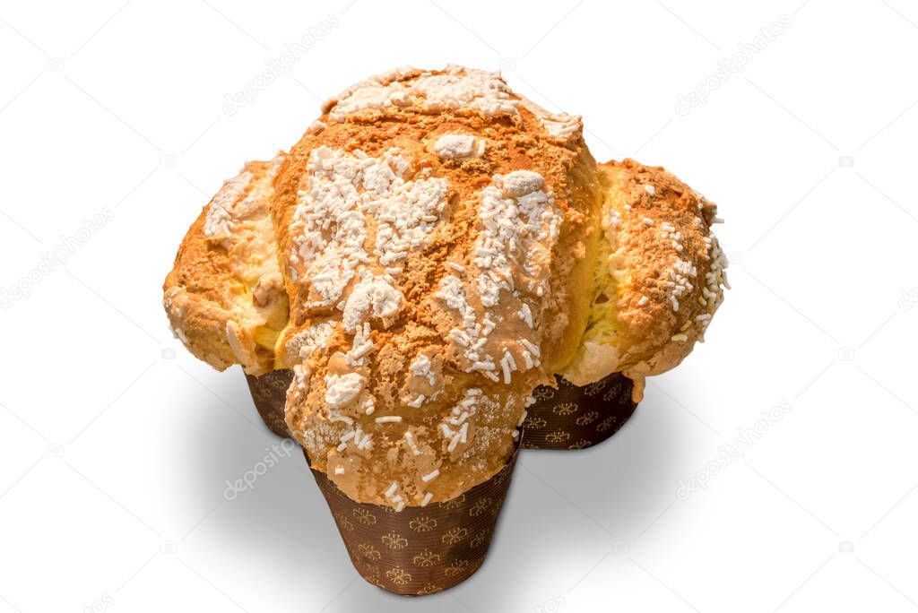 Colomba Pasquale - traditional Italian Easter dove. Long rising cake in the shape of a dove, isolated on white