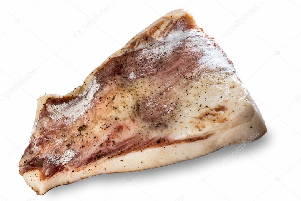 Guanciale from Amatrice, dry cured pork cheek isolated on white background