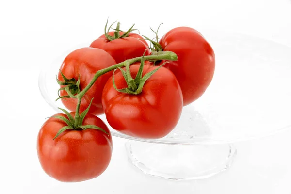 Tomatoes Isolated Clear Glass Raised Plate Isolated White Background Copy — Stock Photo, Image