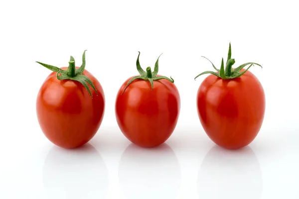 Three Red Cherry Tomato Datterino Type Isolated White Copy Space — Stock Photo, Image