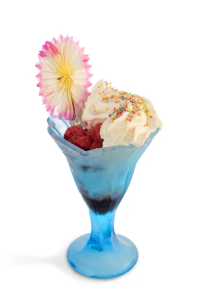 Cream Flavored Ice Cream Raspberries Blue Glass Cup Colorful Paper — Stock Photo, Image