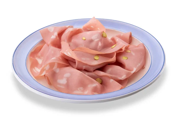 Mortadella Bolognese Con Pistacchio Fette Della Tipica Salsiccia Italiana Piatto — Foto Stock