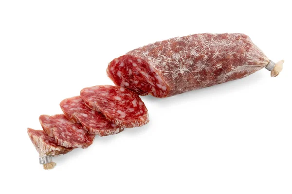 Kleine Italiaanse Salami Gesneden Met Plakjes Worst Genaamd Cacciatorino Geïsoleerd — Stockfoto