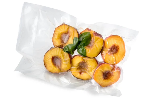 Peaches Cut Half Mint Leaves Vacuum Packed Sealed Sous Vide — Photo