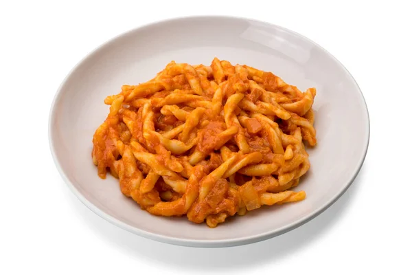 Strozzapreti Macaroni Pasta Tomato Sauce White Plate Isolated White Background — Stok Foto