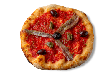 Marinara pizzası (deniz mahsulleri pizzası) Cantabrian ançüezi, zeytin ve domates soslu, mini pizza izole edilmiş