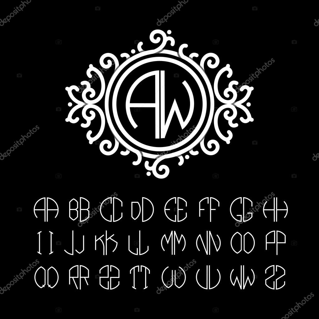 Stylish  graceful monogram made of wide white stripes Overlapping with shadows.  Elegant line art logo design . Set  template letters to create monograms of two letters in scribed in a circle.