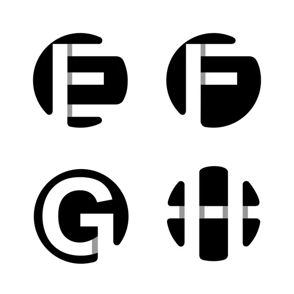 Letras mayúsculas F, G, H. Raya blanca en un círculo negro — Vector de stock