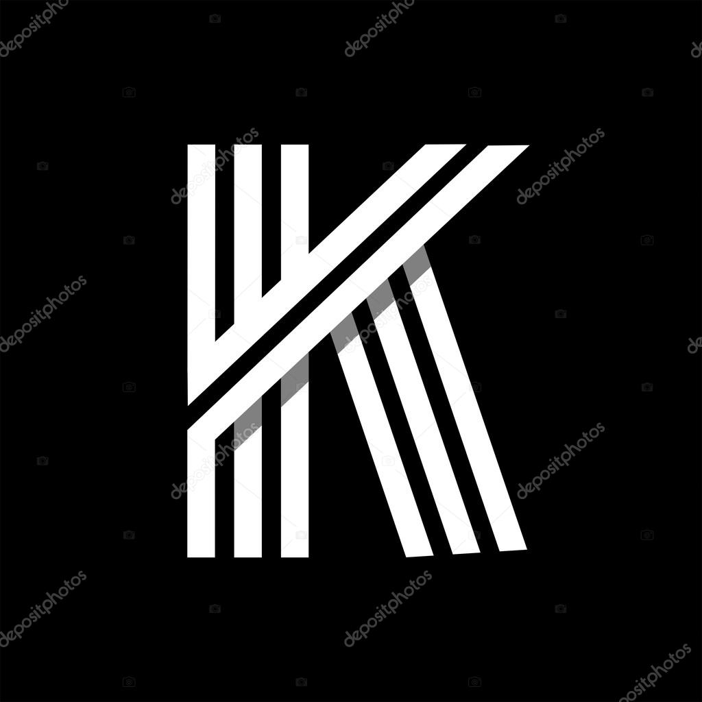 Capital letter K. Made of of three white stripes Overlapping with shadows. Logo, monogram, emblem trendy design.
