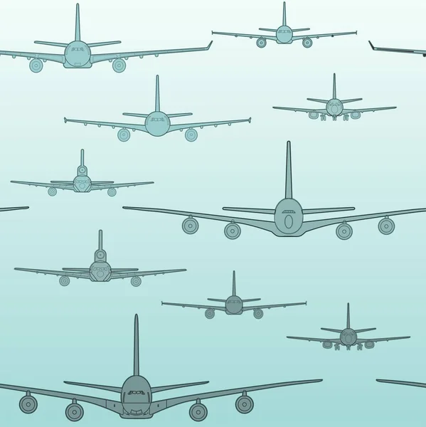 Seamless pattern flying passenger airplanes from different models . Airplane drawings — Stock Vector