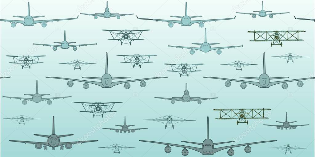 Seamless pattern flying passenger airplanes from different times. Airplane drawings