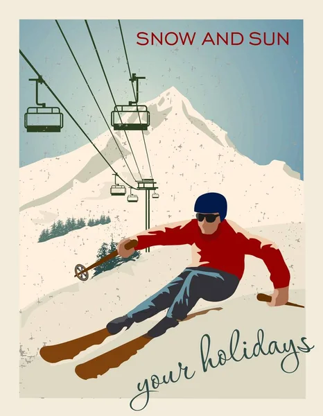 Vintage vector illustration. Skier getting ready to descend the mountain. Winter background. Ski resort concept. For websites, wallpapers, posters or banners. Grunge effect it can be removed. — Stock Vector