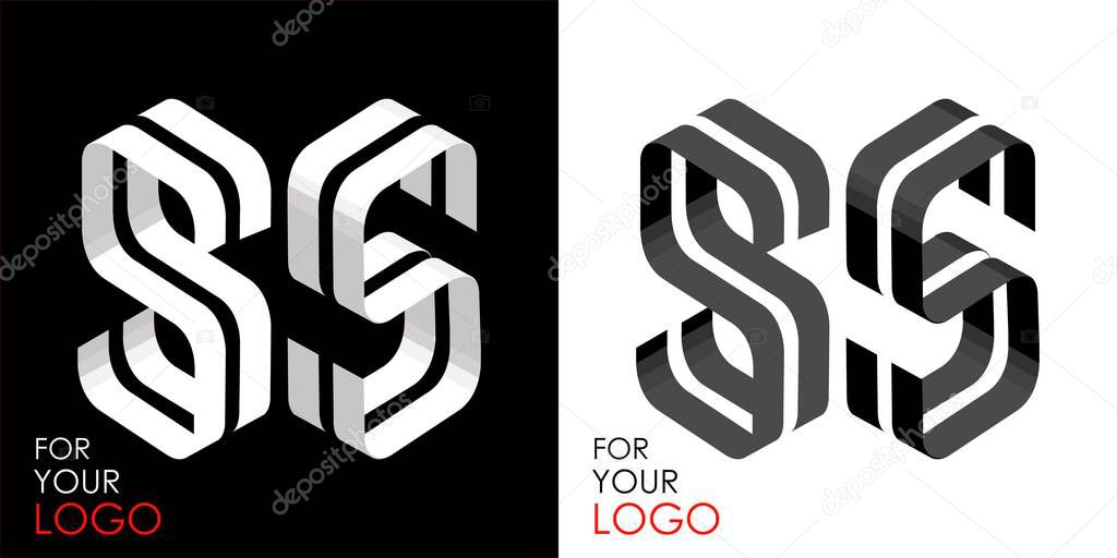 Isometric letter S in two perspectives. From stripes, lines. Template for creating logos, emblems, monograms. Black and white options. 3D art symbol. Vector illustration. Other letters in my portfolio