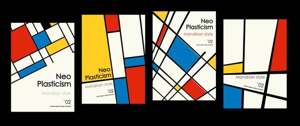 Moderne sett med omslag, plakater inspirert av Mondrians postmoderne. Neoplastikk, Bauhaus. Nyttig for nettbakgrunn, plakatdesign, magasinforside, høyteknologisk trykk, omslagskunst. – stockvektor