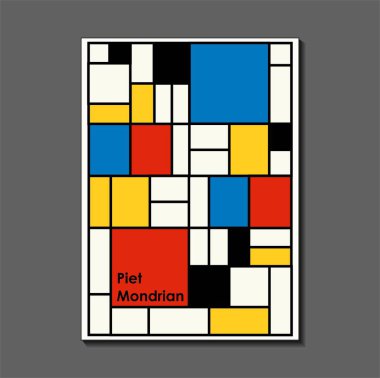 Postmodern Piet Mondrian 'dan esinlenilmiş moda posteri. Neoplasti Bauhaus. İç tasarım, arkaplan, poster tasarımı, derginin ilk sayfası, yüksek teknoloji baskı, kapak için kullanışlı.