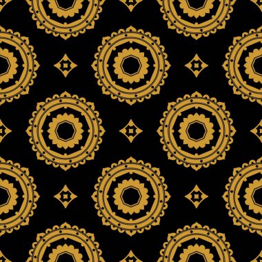 Çiçekler ve yıldızlarla Arap tarzı arka planda kusursuz geometrik desen. Siyah üzerine altın. Duvar kağıdı, şablon dolguları, web sayfası arkaplanı, yüzey dokuları için kullanılabilir.