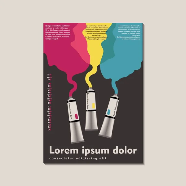 Poster in the style of postmodernism. A tube of RGB paint, squeezed out and mixed on a palette. For interior design, background, poster design, first page of the magazine, high-tech printing, cover. — Stock Vector