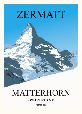 Şık bir kayak ve seyahat posteri. Zermatt yakınlarındaki Matterhorn 'un kış manzarası