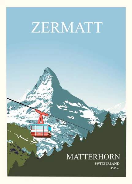 Elegante cartaz de esqui e viagens. Vista de inverno do Matterhorn perto de Zermatt com um teleférico — Vetor de Stock