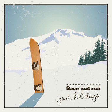 dağlar ve karda eski snowboard