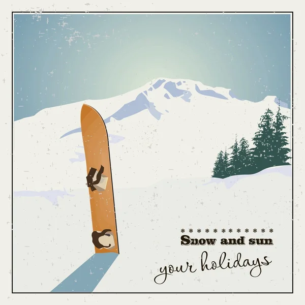 Montagnes et vieux snowboard dans la neige — Image vectorielle