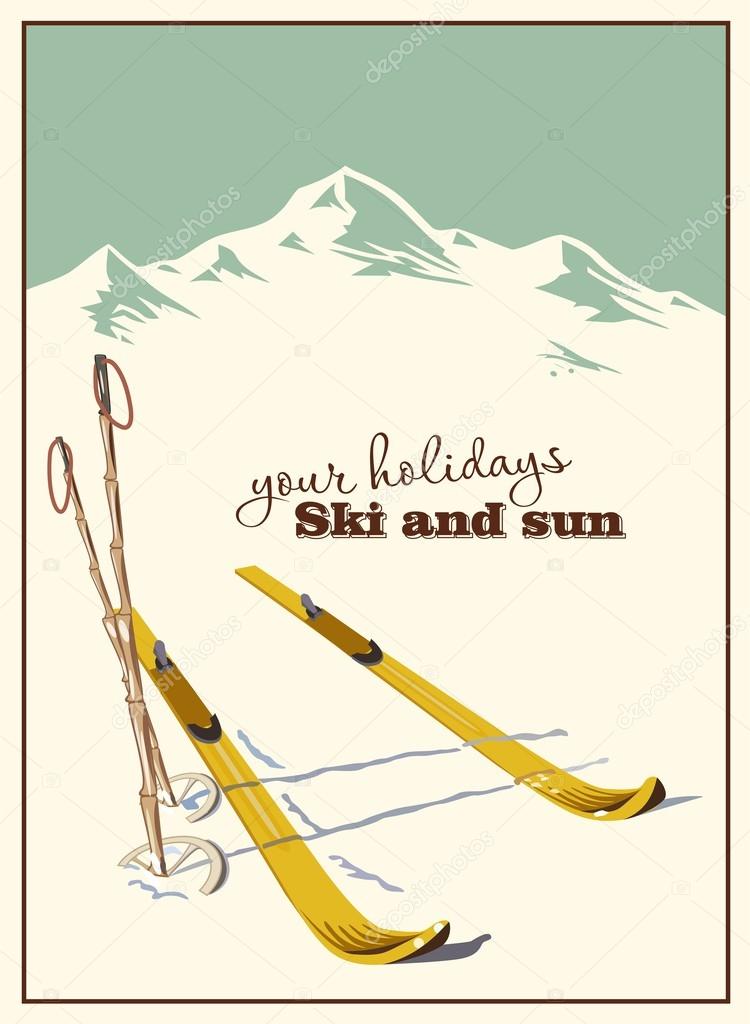 Mountains and ski equipment in snow