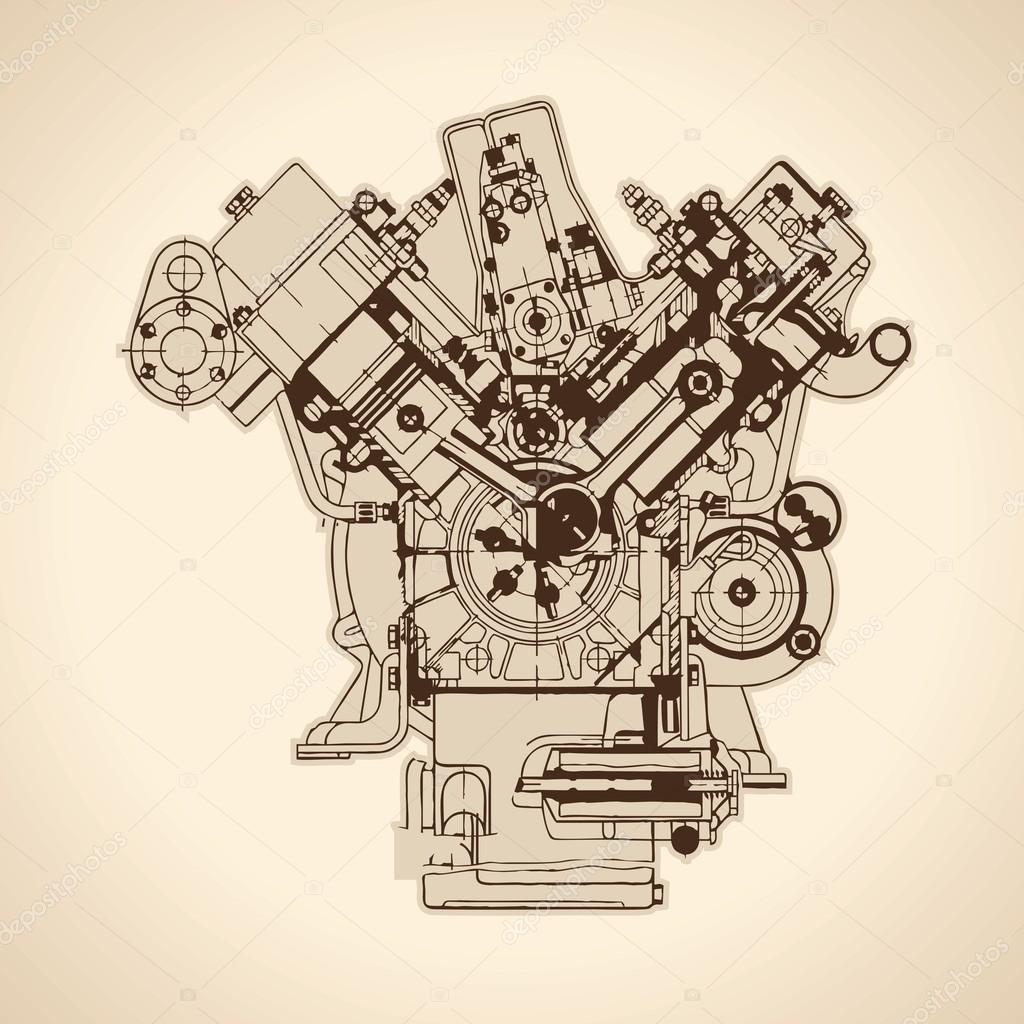 Desenho de um motor de combustão interna em um vetor de fundo branco