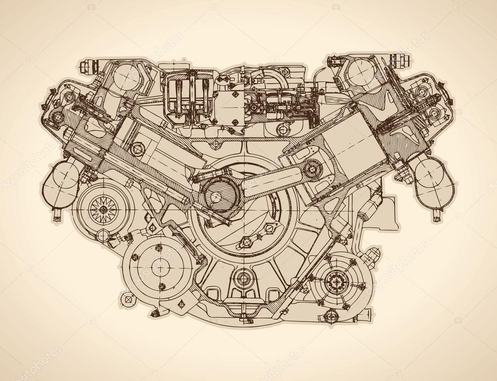 Desenho de um motor de combustão interna em um vetor de fundo branco